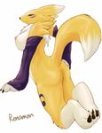  blush breasts butt canine claws digimon drawg_t female fox hindpaw looking_at_viewer mammal nipples paws plain_background renamon side_boob solo white_background 