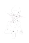  2017 beverage big_breasts breasts clothed clothing covering covering_breasts cup demon eyes_closed female hair hand_on_chin helga_(urw) horn humanoid long_ears monochrome not_furry pointy_ears short_hair simple_background sketch solo tattoo topless urw white_background 
