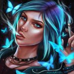  1girl blue_eyes blue_hair bracelet butterfly chloe_price cigarette clothes evakosmos highres jewelry life_is_strange looking_at_viewer nail_polish necklace shirt short_hair smoke solo 