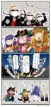  4koma 5boys asaya_minoru bangs blonde_hair blunt_bangs breasts center_opening choker cleavage clone comic commentary cross earrings eighth_note fate/extra fate/grand_order fate_(series) francis_drake_(fate) gameplay_mechanics gauntlets headband headdress jewelry large_breasts long_hair multiple_boys multiple_girls musical_note open_mouth pink_hair purple_hair quetzalcoatl_(fate/grand_order) saint_martha scar scolding smile spoken_musical_note straight_hair translated twitter_username very_long_hair 