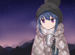  bad_id bad_pixiv_id beanie blue_hair commentary_request coraman cup fingerless_gloves gloves hat long_sleeves mug night night_sky outdoors purple_eyes scarf shima_rin sky solo star_(sky) starry_sky yurucamp 