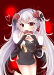  azur_lane bangs bare_shoulders black_bow black_dress black_footwear blue_bow blush bow box breasts bridal_gauntlets brown_eyes china_dress chinese_clothes closed_mouth commentary_request dress eyebrows_visible_through_hair fang fang_out gift gift_box hair_bow hair_ornament heart heart-shaped_box heart_hair_ornament high_heels holding holding_gift long_hair looking_at_viewer petals red_background red_bow short_dress silver_hair sleeveless sleeveless_dress small_breasts smile solo twintails vampire_(azur_lane) very_long_hair yukiyuki_441 