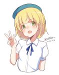  :d bangs beret blonde_hair blue_hat blue_ribbon blush collared_shirt cropped_torso dated eyebrows_visible_through_hair green_eyes hand_up hat head_tilt looking_at_viewer maze_(gochama_ze_gohan) neck_ribbon open_mouth original puffy_short_sleeves puffy_sleeves ribbon shirt short_sleeves signature simple_background sketch smile solo upper_body v white_background white_shirt 