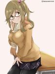  adjusting_eyewear banned_artist bespectacled breasts commentary_request desk eyebrows_visible_through_hair fang fang_out glasses green_eyes inuyama_aoi long_hair looking_at_viewer medium_breasts pantyhose scarf school_uniform side_ponytail skirt smile solo sweater tasora thick_eyebrows yurucamp 