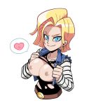  1girl aerolae android_18 blonde_hair blue_eyes breasts dragon_ball dragonball_z earrings eyebrows heart itsdatskelebutt nipples shirt short_hair simple_background smile solo white_background 