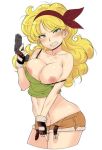  1girl angry belly blonde_hair breasts dragon_ball eyebrows green_eyes gun long_hair lunch_(dragon_ball) shirt shorts simple_background solo stomach teeth weapon white_background 