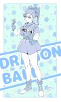  bare_legs belt bow braid breasts bulma buruma character_name clothes_writing dragon_ball dragon_ball_(classic) full_body gloves greyscale hair_bow highres large_breasts legs monochrome orushibu outside_border ponytail pouch shoes short_sleeves skirt sneakers socks solo standing star starry_background 