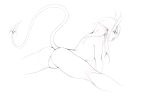  2017 breasts butt clothed clothing demon ear_piercing female hair horn humanoid ingrid_(urw) long_ears long_hair monochrome not_furry panties piercing pointy_ears rear_view simple_background sketch solo spade_tail spread_legs spreading topless underwear urw white_background 