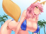  animal_ears bikini blue_bikini blush breasts cleavage covered_nipples dashigarayama fate/grand_order fate_(series) fox_ears fox_tail huge_breasts long_hair navel palm_tree pink_hair smile solo swimsuit tail tamamo_(fate)_(all) tamamo_no_mae_(swimsuit_lancer)_(fate) tree twintails yellow_eyes 