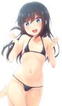  :d asashio_(kantai_collection) ass_visible_through_thighs barefoot bikini black_bikini black_hair blue_eyes collarbone commentary_request cowboy_shot eyebrows_visible_through_hair flat_chest halterneck highres kantai_collection leg_up long_hair nagami_yuu navel open_mouth simple_background smile solo standing swimsuit thigh_gap white_background 