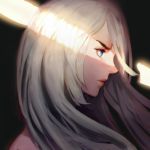  blue_eyes close-up from_side light_rays long_hair looking_down nier_(series) nier_automata pink_lips shadow silver_hair solo stellarien sunbeam sunlight tank_top yorha_type_a_no._2 