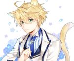  ahoge animal_ears arthur_pendragon_(fate) bangs blonde_hair blue_flower blue_neckwear blue_rose blush cat_ears cat_tail closed_mouth extra_ears eyebrows_visible_through_hair fate/grand_order fate/prototype fate_(series) floral_background flower green_eyes hair_between_eyes jacket kemonomimi_mode long_sleeves looking_at_viewer male_focus necktie open_clothes open_jacket petals pingo rose rose_petals solo striped tail upper_body v-shaped_eyebrows vertical_stripes white_background white_jacket white_rose_(fate/grand_order) 