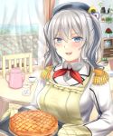  apple_pie apron bangs beret blue_eyes blush breasts chair coffee coffee_pot collared_shirt commentary_request curtains day epaulettes failure_penguin fence flower frilled_sleeves frills gloves grey_shirt happy hat highres holding holding_tray jacket kantai_collection kashima_(kantai_collection) kerchief large_breasts long_hair long_sleeves looking_at_viewer military military_jacket military_uniform neckerchief ocean open_mouth oven_mitts plant plate red_neckwear rose sabakuomoto shirt sidelocks silver_hair smile solo sugar_cube sunlight table tray tsurime twintails uniform upper_body wavy_hair white_jacket 