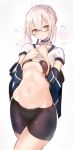  ahoge artoria_pendragon_(all) bangs bikini_top black-framed_eyewear black_bikini_top black_choker black_shorts blonde_hair blue_jacket blush breast_suppress breasts choker closed_mouth collarbone commentary_request cowboy_shot fafas68 fate/grand_order fate_(series) glasses hands_on_own_chest head_tilt highres jacket looking_at_viewer mysterious_heroine_x_(alter) navel off_shoulder open_clothes open_jacket shiny shiny_hair shiny_skin shirt shirt_lift short_hair short_sleeves shorts small_breasts solo standing steaming_body stomach underboob white_shirt yellow_eyes 