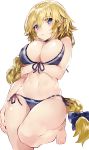  :o absurdres arm_at_side bangs bare_arms bare_legs bare_shoulders barefoot bikini black_bikini black_bow black_ribbon blonde_hair blue_bikini blue_eyes blush bow braid breast_lift breasts cleavage collarbone commentary_request eyebrows_visible_through_hair fate/apocrypha fate_(series) front-tie_bikini front-tie_top hair_bow hair_ribbon head_tilt highres jeanne_d'arc_(fate) jeanne_d'arc_(fate)_(all) knee_up kou_mashiro large_breasts long_hair looking_at_viewer lying navel on_back open_mouth parted_lips ribbon shiny shiny_skin side-tie_bikini simple_background single_braid solo stomach swimsuit thighs very_long_hair white_background 