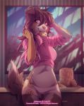  2018 anthro canine clothed clothing cookie digital_media_(artwork) dog female food fur hair hi_res looking_at_viewer mammal open_mouth smile solo standing tofu93 