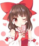  ;) bangs bare_shoulders blouse blunt_bangs blush bow brown_hair commentary detached_sleeves frilled_shirt_collar frills hair_bow hair_tubes hakurei_reimu head_tilt heart highres large_bow looking_at_viewer ofuda one_eye_closed red_eyes smile solo touhou v-shaped_eyebrows yururi_nano 