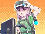  :o aperture_laboratories blush brown_eyes collarbone controller game_console game_controller green_shirt hair_between_eyes halftone halftone_background holding long_hair oculus_rift open_mouth orange_background original pink_hair playstation_4 playstation_vr portal portal_(series) shirt shiwasu_takashi short_sleeves solo sony vr_visor 