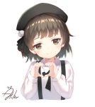  aliter beret black_hat blush brown_eyes brown_hair closed_mouth collared_shirt commentary_request cropped_torso hands_up hat hatoba_tsugu hatoba_tsugu_(character) head_tilt heart heart_hands highres long_sleeves looking_at_viewer mole mole_under_eye shirt short_hair signature simple_background smile solo suspenders upper_body virtual_youtuber white_background white_shirt 
