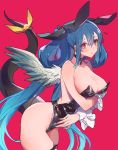  areola_slip areolae bangs bare_arms bare_shoulders black_choker black_leotard black_ribbon blue_hair blush breasts choker cleavage collarbone commentary dizzy dragon_tail feathers gradient_hair guilty_gear hair_between_eyes hair_ribbon hair_rings large_breasts leaning_forward leotard light_blue_hair long_hair looking_at_viewer multicolored_hair oro_(sumakaita) parted_lips pink_background ribbon shiny shiny_clothes simple_background skindentation solo tail tail_raised tail_wagging thigh_strap very_long_hair white_wings wings wrist_cuffs yellow_ribbon 