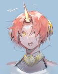  blue_background bright_pupils fate/grand_order fate_(series) frankenstein's_monster_(fate) hair_over_one_eye headgear horn idk-kun looking_at_viewer open_mouth portrait red_hair short_hair simple_background solo upper_body yellow_eyes 