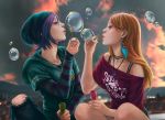  2girls blonde_hair blue_hair bubble bubbles chloe_price city clouds earring evening green_eyes jewelry life_is_strange long_hair makeup multiple_girls nail_polish necklace outdoors pants playing rachel_amber shirt short_hair sitting sky town 