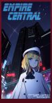  absurdres arnold-s blonde_hair blue_eyes blush city closed_mouth cyberpunk english eyebrows_visible_through_hair hat headset highres looking_away night omaha_(zhan_jian_shao_nyu) outdoors short_hair solo white_hat zhan_jian_shao_nyu 