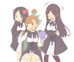  beatrice_(princess_principal) black_hair blush brown_eyes brown_hair dorothy_(princess_principal) flower hair_flower hair_ornament highres holding multiple_girls neck_ribbon normaland princess_principal purple_eyes ribbon school_uniform toudou_chise 