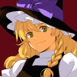  &gt;:) bangs black_hat black_vest blonde_hair bow braid brown_eyes closed_mouth eyebrows_visible_through_hair hat hat_bow kirisame_marisa long_hair looking_at_viewer purple_bow red_background shimakusa_arou shirt short_sleeves side_braid smile solo touhou upper_body v-shaped_eyebrows vest white_shirt witch_hat yellow_eyes 