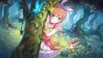  animal bow brown_hair cygames forest green_eyes hair_bow hiding kuribayashi_kurumi layered_skirt nature official_art princess_connect! ruffled_skirt short_hair 