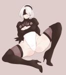  ?? black_blindfold black_footwear blindfold boots breasts buck-satan cleavage_cutout commentary facing_viewer full_body hairband high_heel_boots high_heels highres juliet_sleeves large_breasts leotard long_sleeves mole mole_under_mouth nier_(series) nier_automata puffy_sleeves purple_background purple_legwear short_hair silver_hair simple_background solo spread_legs thigh_boots thighhighs white_leotard yorha_no._2_type_b 