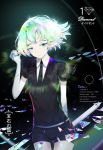  androgynous black_neckwear blue_hair character_name diamond_(houseki_no_kuni) elbow_gloves eyebrows_visible_through_hair gem_uniform_(houseki_no_kuni) gloves green_hair highres hongse_beiyu houseki_no_kuni looking_at_viewer multicolored_hair necktie puffy_short_sleeves puffy_sleeves purple_hair red_hair shards short_sleeves solo white_gloves 