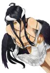  albedo bare_shoulders black_hair black_wings breasts demon_girl demon_horns demon_wings dreamman dress elbow_gloves feathers gloves greyscale hair_between_eyes horns large_breasts long_hair looking_at_viewer monochrome open_mouth overlord_(maruyama) simple_background smile solo thighhighs thighs white_dress wings 