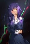  artist_name asagami_fujino bangs black_background black_dress blunt_bangs dress eyebrows_visible_through_hair hand_on_own_face head_tilt kara_no_kyoukai light long_hair long_sleeves looking_at_viewer purple_hair red_eyes shaded_face sidelocks solo upper_body whoisshe 