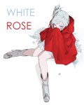  blue_eyes boots cloak commentary_request high_heel_boots high_heels monorobu rwby scar scar_across_eye smelling solo weiss_schnee white_hair 