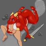  anthro big_breasts big_butt big_penis breasts butt digital_media_(artwork) dragon duo erection eyelashes fellatio female horn huge_breasts human larger_female male male/female mammal melee_weapon nipples nude nukenugget open_mouth oral penis reverse_piledriver_position scalie sex simple_background size_difference slightly_chubby sword weapon 
