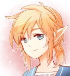  bangs blonde_hair blue_eyes closed_mouth commentary_request eyebrows_visible_through_hair hair_between_eyes link looking_at_viewer male_focus pink_background portrait shangguan_feiying smile solo the_legend_of_zelda upper_body 