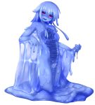  :d blue_hair blue_sclera blue_skin eyebrows_visible_through_hair full_body goo_girl looking_at_viewer melting monster_girl nude open_mouth original red_eyes rethnick shaded_face simple_background smile solo tentacle_hair wet white_background 