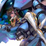  alternate_color arched_back ass bodysuit breasts brown_hair commentary_request d.va_(overwatch) facepaint facial_mark grey_eyes hand_on_own_shoulder headgear headphones highres long_hair looking_at_viewer mecha meka_(overwatch) overwatch pilot_suit shimoguchi_tomohiro skindentation small_breasts smile solo standing standing_on_one_leg uniform whisker_markings 