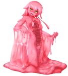  :d eyebrows_visible_through_hair full_body goo_girl looking_at_viewer melting monster_girl nude open_mouth original pink_hair pink_sclera pink_skin rethnick shaded_face simple_background smile solo tentacle_hair wet white_background yellow_eyes 