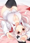  albino arms_up bangs bed black_legwear blush breasts butterfly_hair_ornament cleavage closed_mouth collarbone collared_shirt dress_shirt etna_(kuzuyu) eyebrows_visible_through_hair foreshortening hair_ornament hand_on_own_head knees_up komori_kuzuyu large_breasts long_hair long_sleeves looking_at_viewer lying no_bra no_pants on_back on_bed original panties pink_panties red_eyes red_neckwear shiny shiny_skin shirt sidelocks smile solo tareme thighhighs thighs underwear very_long_hair wing_collar 
