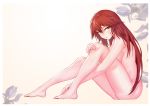  :o absurdres bangs barefoot bearn_(zhan_jian_shao_nyu) blush breasts floral_background from_side full_body gradient gradient_background hand_on_own_foot highres knees_up leg_hug long_hair looking_at_viewer looking_to_the_side medium_breasts nude onceskylark open_mouth red_hair shiny shiny_skin sideboob sitting solo straight_hair thighs very_long_hair yellow_background yellow_eyes zhan_jian_shao_nyu 