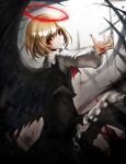 black_nails black_skirt black_vest black_wings blonde_hair blood bloody_tears closed_mouth collar collared_shirt commentary_request ex-rumia expressionless feathered_wings frilled_collar frilled_skirt frills halo highres injury long_sleeves looking_at_viewer nail_polish red_eyes rumia shirt short_hair skirt solo spark621 touhou vest wings 