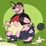  2016 5_fingers abstract_background absurd_res anthro black_nose bovine brown_hair clothed clothing digital_drawing_(artwork) digital_media_(artwork) eyewear glasses green_background hair hi_res hooves horn lactating male male_lactation mammal milk miltank nintendo open_mouth overweight pok&eacute;mon pok&eacute;mon_(species) simple_background solo spiral spiral_eyes stripes- teats toes torn_clothing transformation udders video_games 