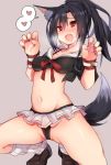  absurdres animal_ears asymmetrical_bangs azur_lane bangs bare_legs belly_rub black_serafuku breasts brown_footwear cameltoe claw_pose commentary_request crop_top eyebrows_visible_through_hair fang heart heavy_breathing highres iriehana medium_breasts midriff nail_polish navel open_mouth partially_visible_vulva pleated_skirt ponytail red_eyes red_nails red_ribbon ribbon school_uniform serafuku shigure_(azur_lane) skirt squatting tail wolf_ears wolf_tail 