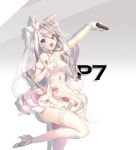  animal_ears bow commentary_request dress girls_frontline gun handgun highres holding holding_gun holding_weapon long_hair looking_at_viewer p.p_(operson_nangko) p7_(girls_frontline) panties pistol purple_hair solo thighhighs underwear weapon white_background white_hair white_legwear 