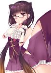  animal_ears bangs bare_shoulders black-framed_eyewear blunt_bangs blush breasts brown_hair center_frills commentary_request cowboy_shot detached_sleeves eyebrows_visible_through_hair fate/grand_order fate_(series) frilled_skirt frills glasses gradient_hair hair_bobbles hair_ornament head_tilt highres ko_yu large_breasts long_hair long_sleeves looking_at_viewer low_twintails multicolored_hair multiple_views osakabe-hime_(fate/grand_order) parted_lips pleated_skirt purple_eyes purple_hair purple_skirt semi-rimless_eyewear shirt simple_background skirt sleeveless sleeveless_shirt sleeves_past_wrists sweat twintails under-rim_eyewear underbust very_long_hair white_background white_shirt 