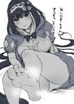  1girl barefoot blush cleavage fate/grand_order feet hairband long_hair looking_at_viewer monochrome osakabe-hime_(fate/grand_order) pantyshot parted_lips pov pov_feet smell smelling soles steam toes translated 