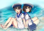 back-to-back bag barefoot black_hair blue_eyes blue_sailor_collar brown_eyes brown_hair commentary_request daitou_(kantai_collection) dress fire_maxs full_body grin hat hiburi_(kantai_collection) kantai_collection looking_at_viewer multiple_girls open_mouth partially_submerged sailor_collar sailor_dress sailor_hat short_hair sitting smile water white_dress white_hat yokozuwari 