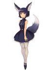  animal_ears arms_at_sides bare_shoulders black_dress black_hair blush closed_mouth commission dress eyebrows_visible_through_hair fox_ears fox_tail full_body highres looking_at_viewer original pantyhose simple_background sleeveless sleeveless_dress solo sookmo striped striped_legwear tail vertical-striped_legwear vertical_stripes white_background white_legwear 